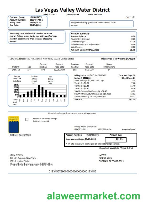 USA Las Vegas Valley Water District (LVVWD) utility bill template in Word and PDF format